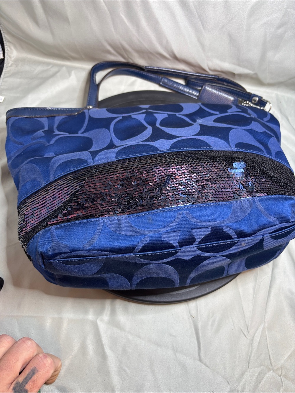 Coach Navy Blue Logo-Pattern Shoulder Bag with Sequin Detail